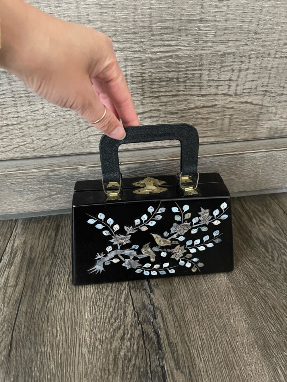 Black Floral Inlaid Mini Top-Handle Bag Vintage Chinese Small Purse